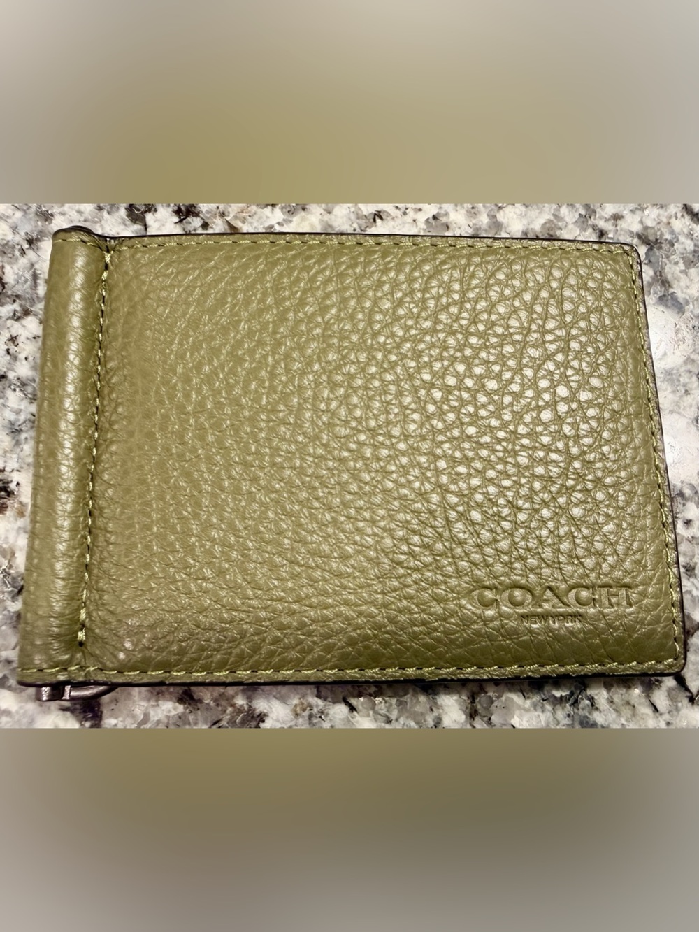 COACH NWT Mens Olive Green Pebbled Leather Bifold Money Clip Wallet Slim Card Ho
